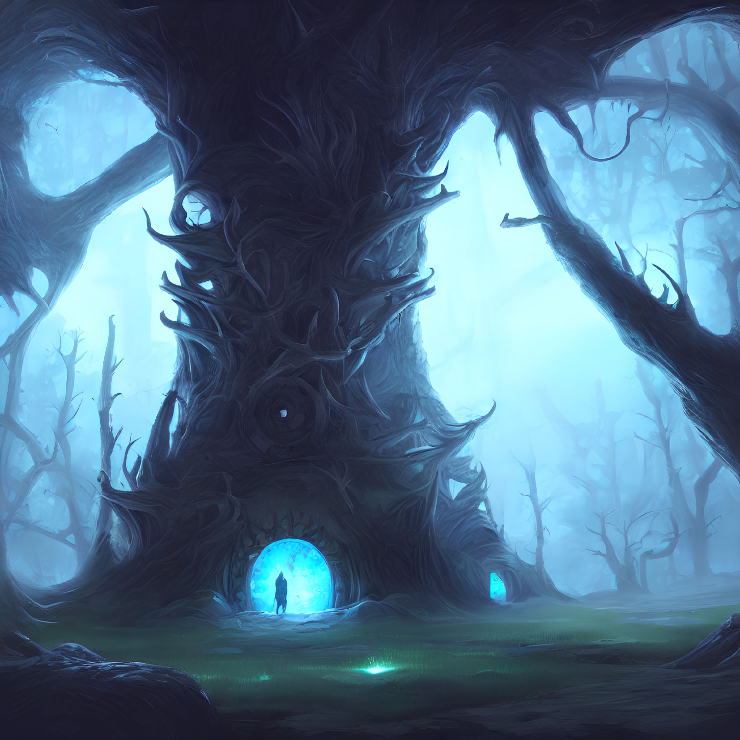 Enormous tree with eye and glowing portals in mystical forest