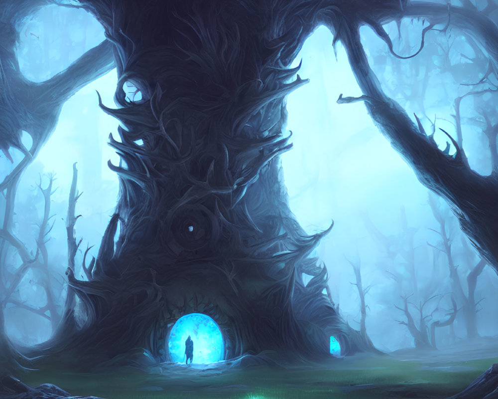 Enormous tree with eye and glowing portals in mystical forest