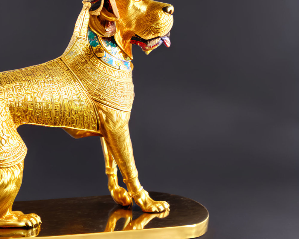 Golden dog statue with Egyptian-style collar on black background