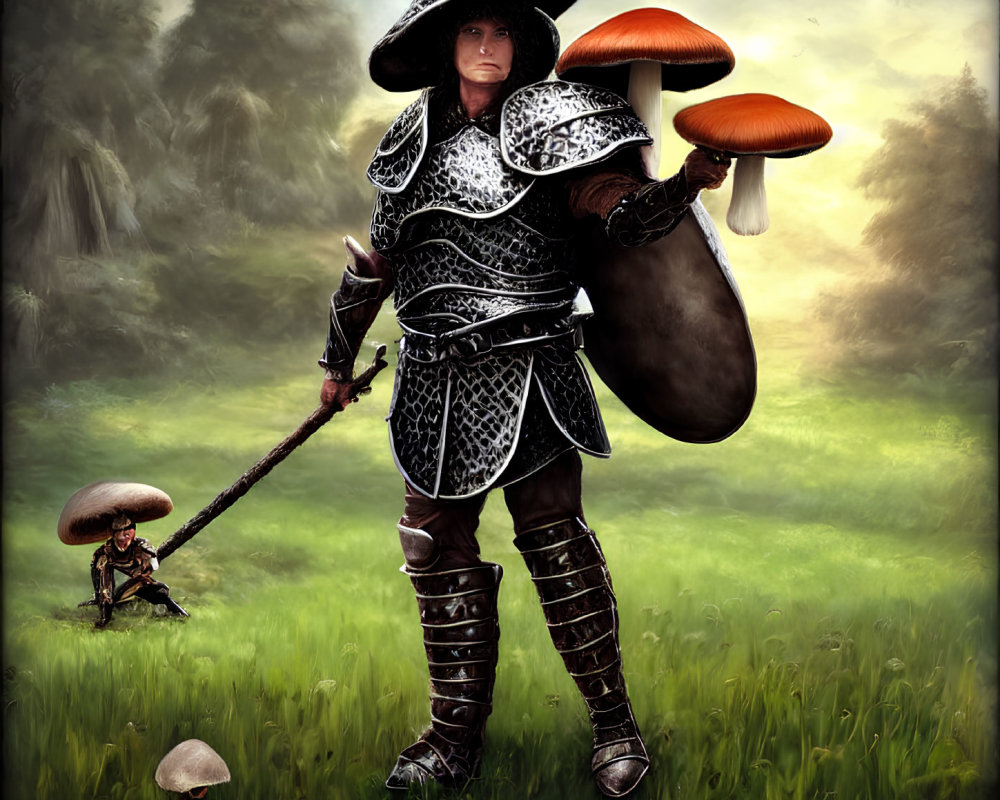 Fantasy illustration of warrior in ornate armor with mushrooms and staff