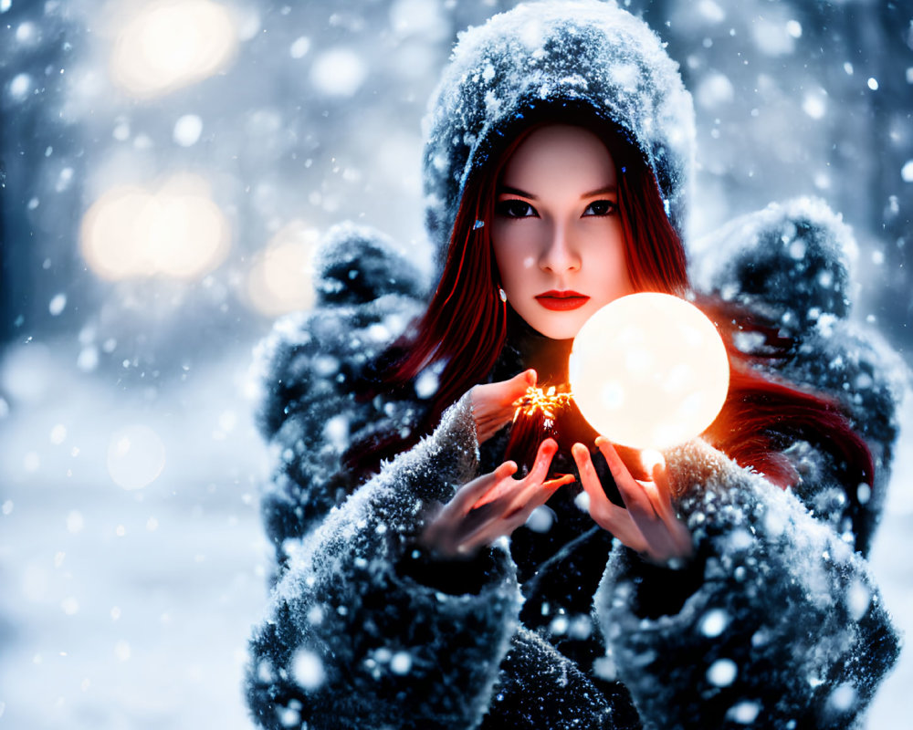 Woman in Snowy Fur Hood Holding Glowing Orb with Snowflakes