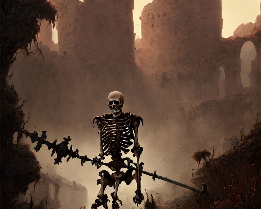 Skeleton Warrior with Spear in Ruined Setting Under Dusky Sky