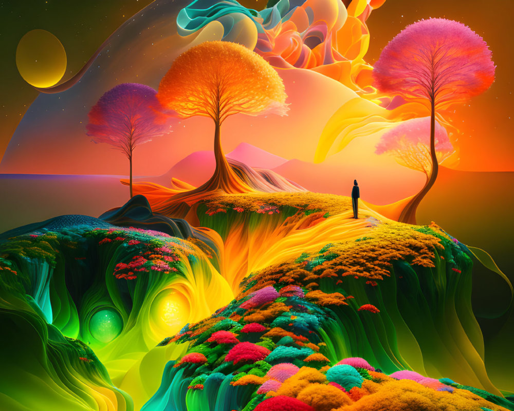 Colorful Trees and Surreal Landscape with Person on Hill and Planetary Sky