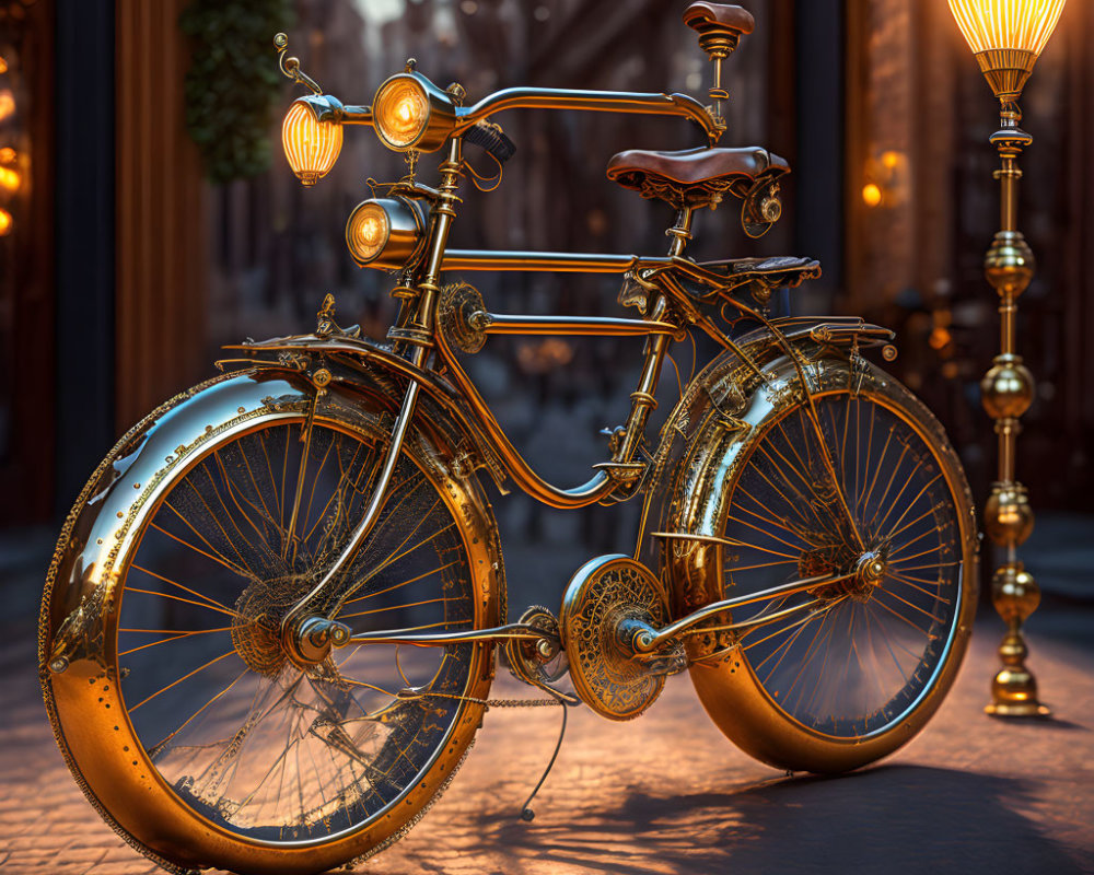 Vintage-style Bicycle with Golden Accents on Cobblestone Street at Dusk