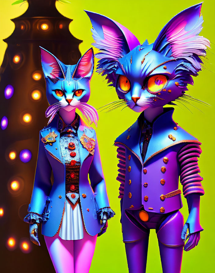 Stylized anthropomorphic cats in fashionable attire against colorful, blurry backdrop