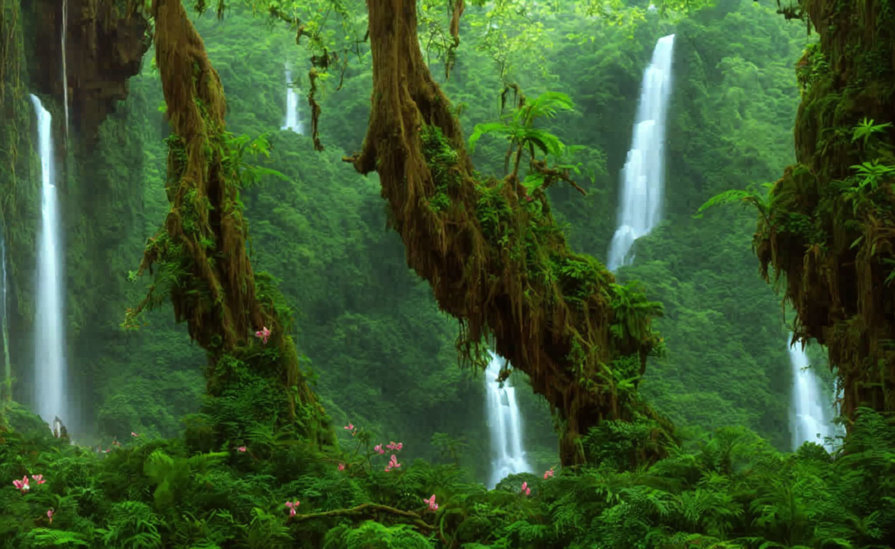 Tranquil jungle waterfall with lush greenery and pink flowers