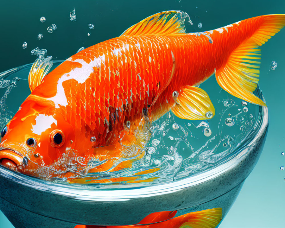 Vibrant orange koi fish in glass bowl with teal background