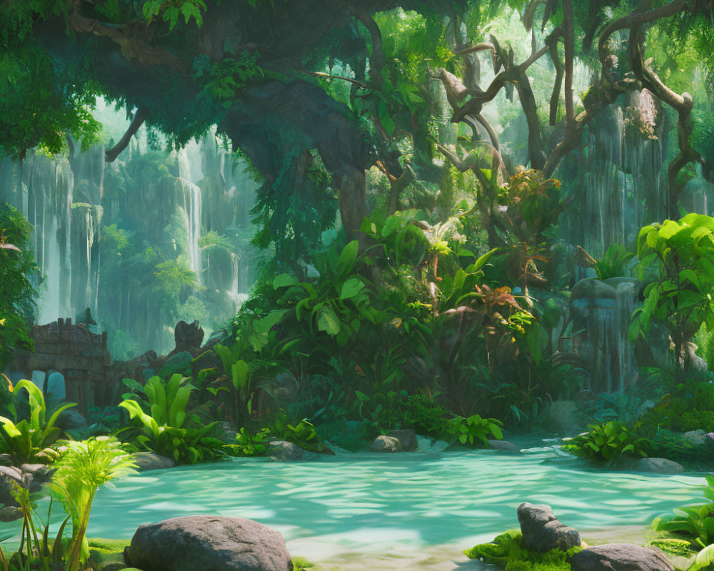 Tropical jungle scene with waterfalls, lush foliage, pond, and boulders