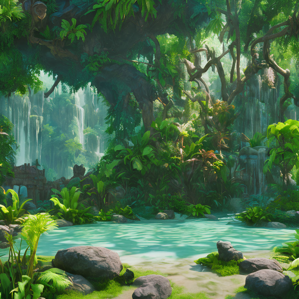 Tropical jungle scene with waterfalls, lush foliage, pond, and boulders