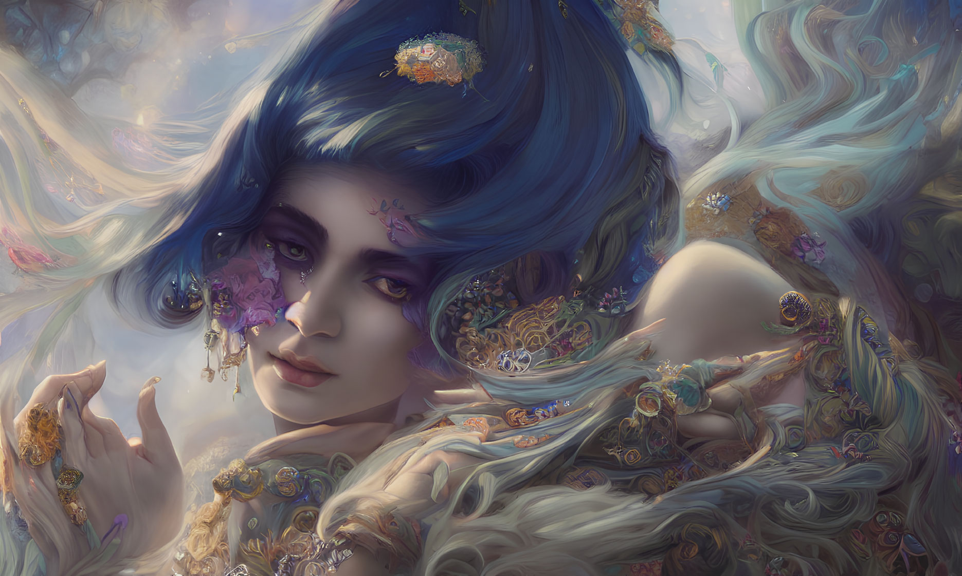 Ethereal portrait of a woman with flowing blue hair and golden ornaments on pastel background