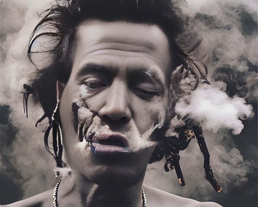 Distorted man with melting features in swirling smoke on gray background