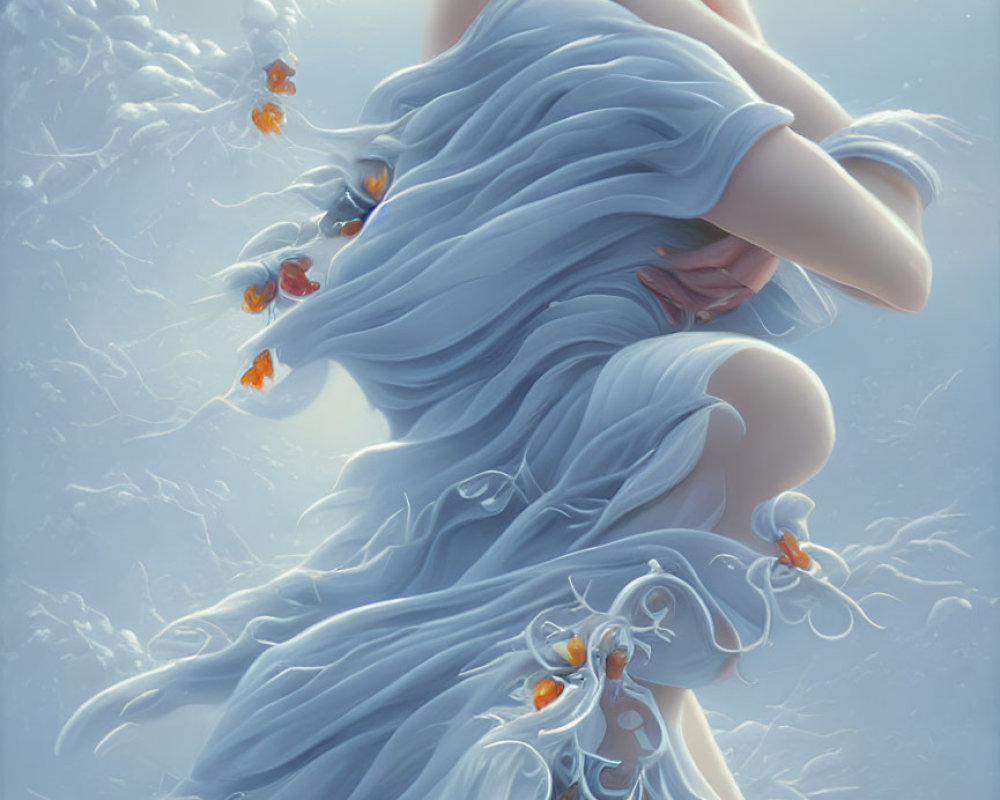 Ethereal figure in blue fabric with wintry theme and red berries