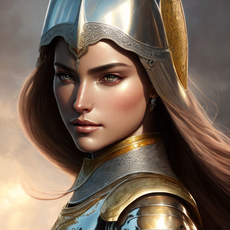 Fantasy female warrior portrait in silver and gold armor against cloudy sky