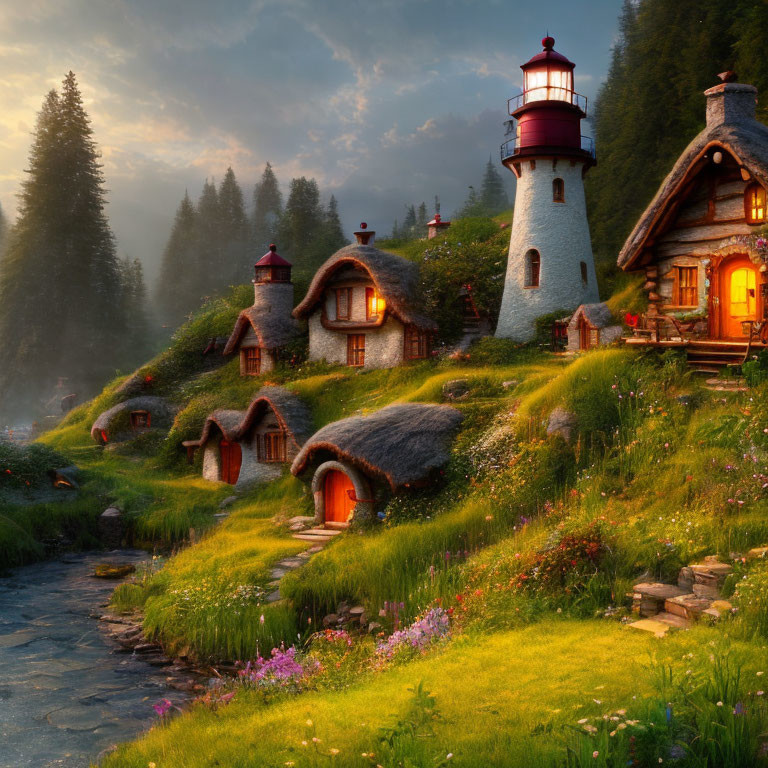 Thatched cottages and lighthouse in fairy-tale village at sunset