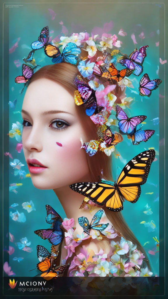 Woman with floral and butterfly headpiece on teal background, adorned with butterflies and purple heart.