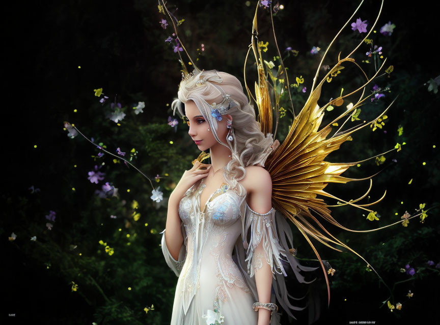 Fantasy female character with golden wings in white gown & floral backdrop