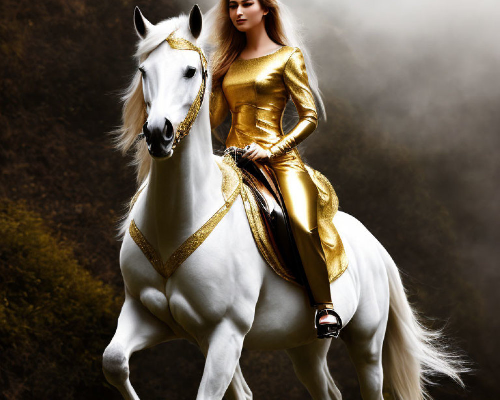 Woman in golden outfit riding white horse in misty natural backdrop