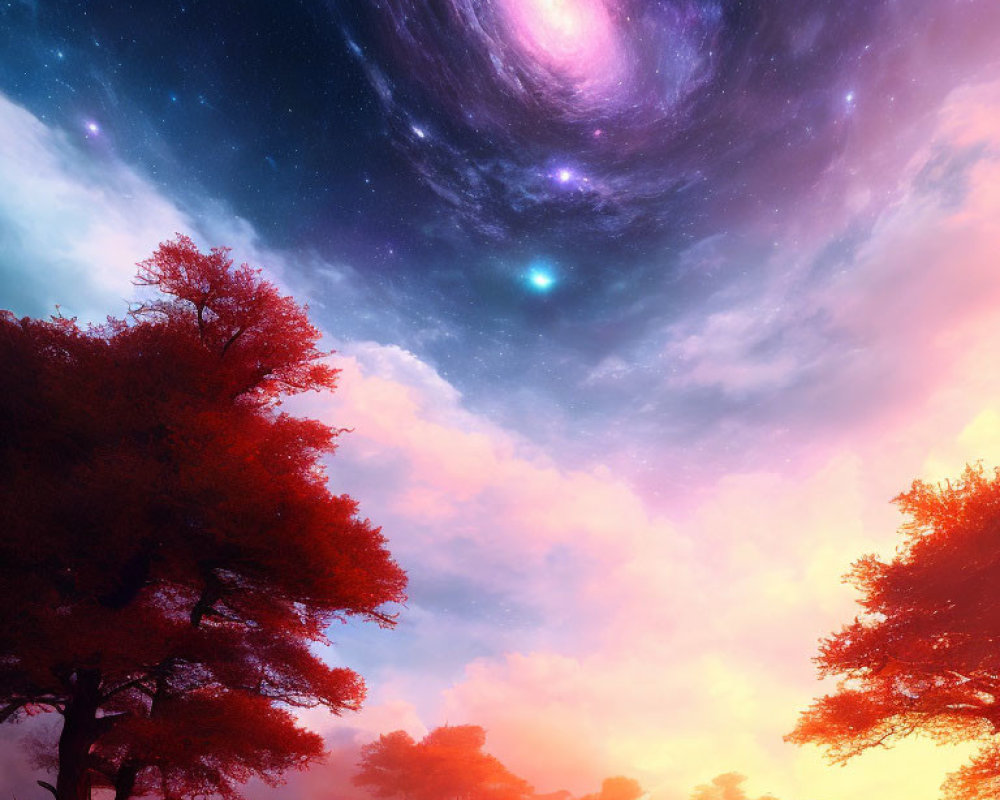 Surreal landscape with purple galaxy above misty forest