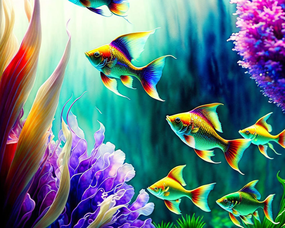 Vibrant Tropical Fish and Coral Reefs in Sunlit Underwater Scene