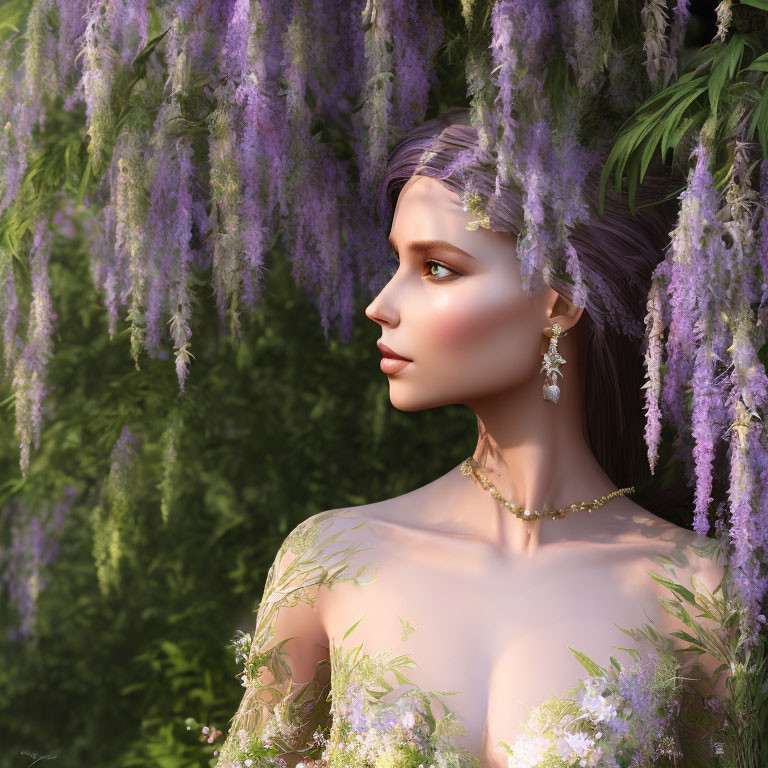 Fair-skinned woman with light hair surrounded by purple wisteria and floral jewelry