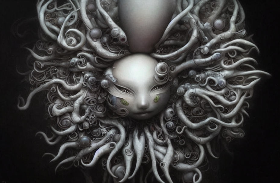 Fantasy artwork: Mystical being with green eyes and white skin surrounded by swirling tentacles
