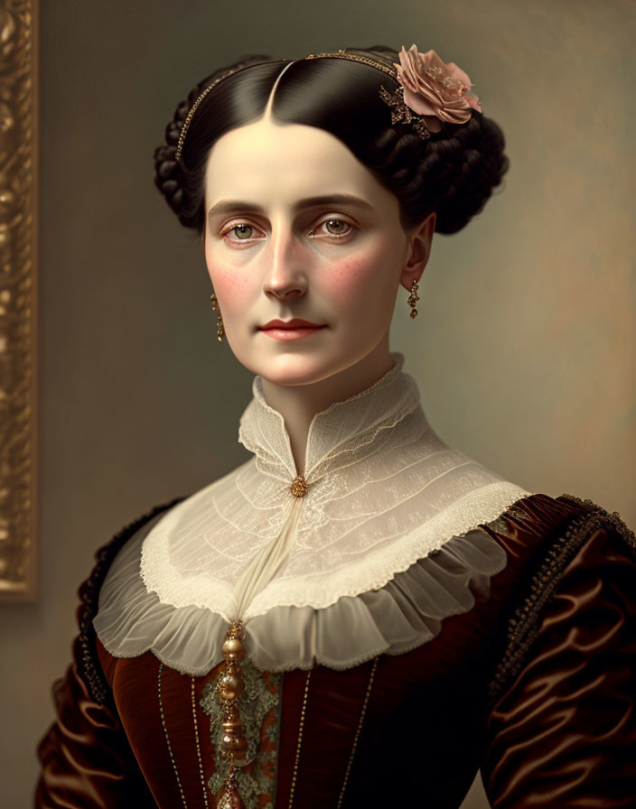 19th-Century Woman Portrait in Lace Collar and Floral Hair Ornament