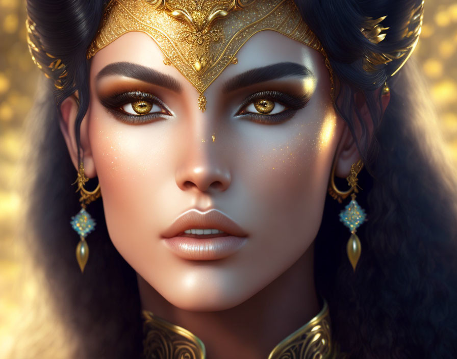 Detailed close-up of woman with golden headpiece, eye makeup, freckles, and earrings on