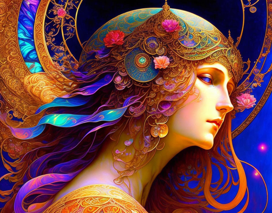Colorful digital artwork of woman with golden headdress and peacock feathers