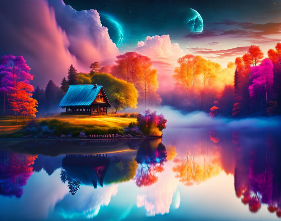 Tranquil lake landscape with cottage, colorful trees, mist, vibrant sky.