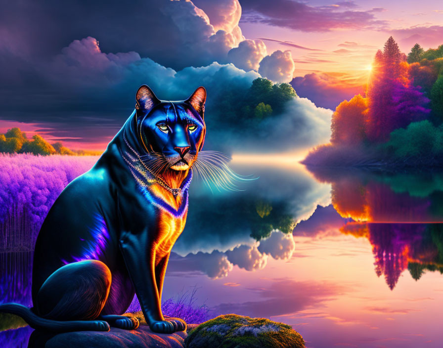Iridescent panther by tranquil lake at sunrise