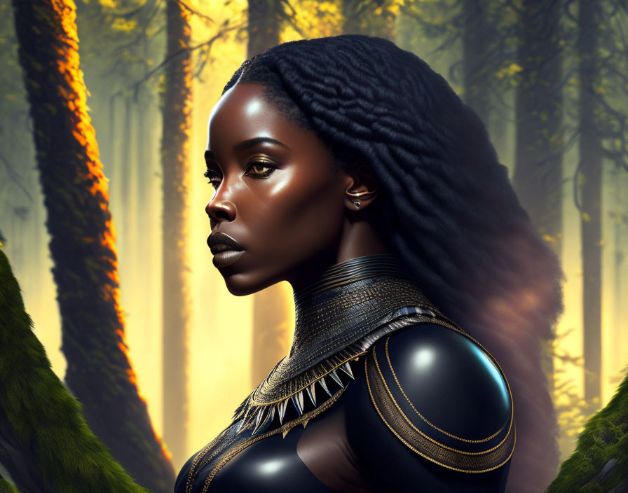 Digital portrait of woman in dark armor with intricate braids in mystical forest