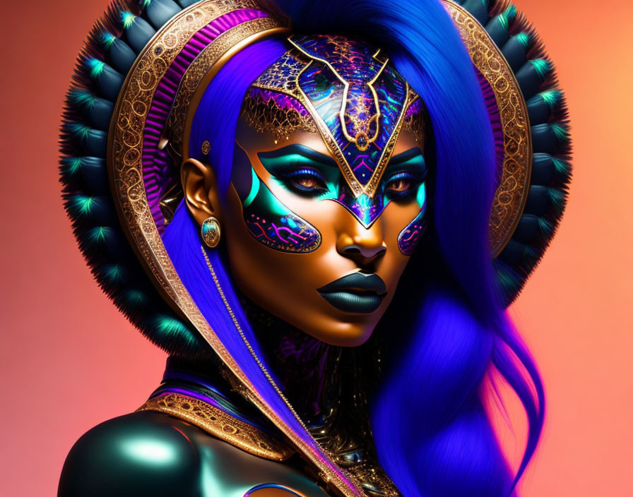 Vibrant blue-haired woman with gold and purple headgear and intricate feather-like decorations