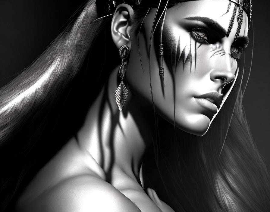 Monochrome portrait of woman with striking makeup and tribal jewelry