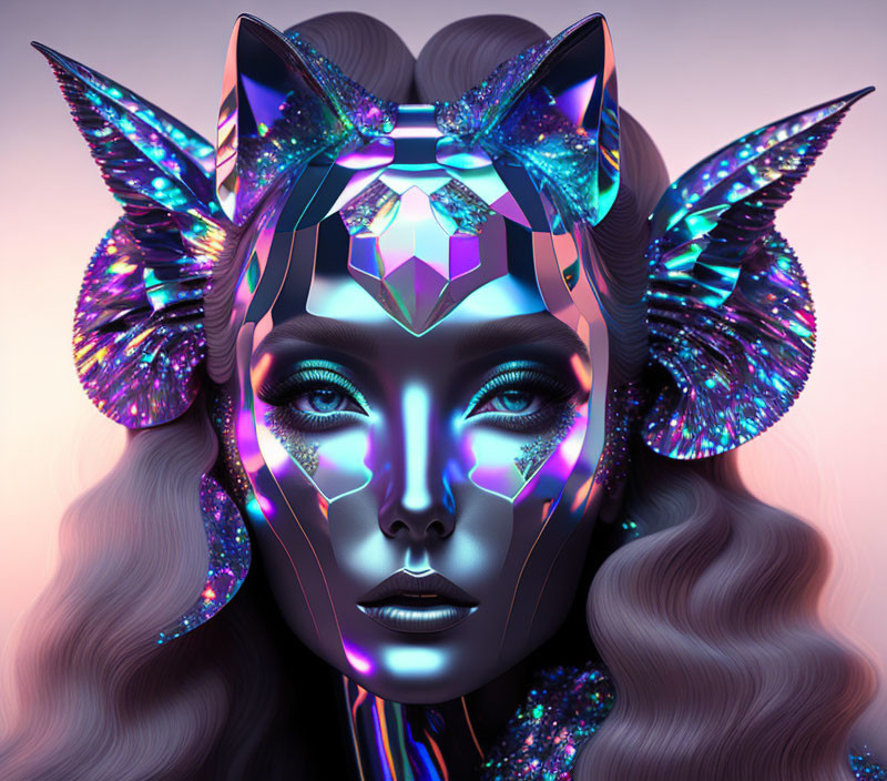 Digital Artwork: Woman with Butterfly Wings and Gem-like Headdress