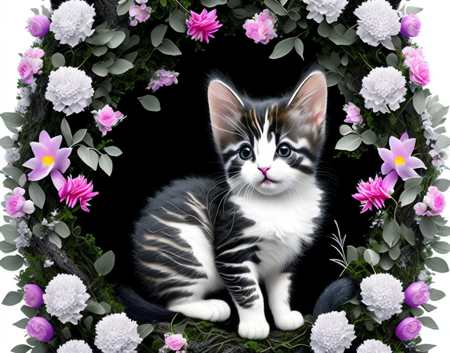 Black and White Kitten Surrounded by Pink and White Flower Wreath