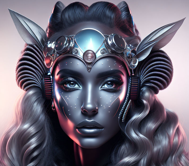 Futuristic female figure with metallic headgear and glowing facial markings