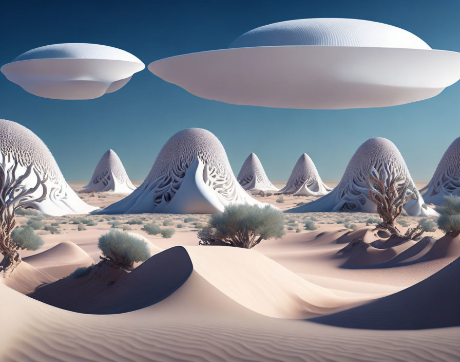 Surreal desert landscape with flowing dunes and unique tree-like structures