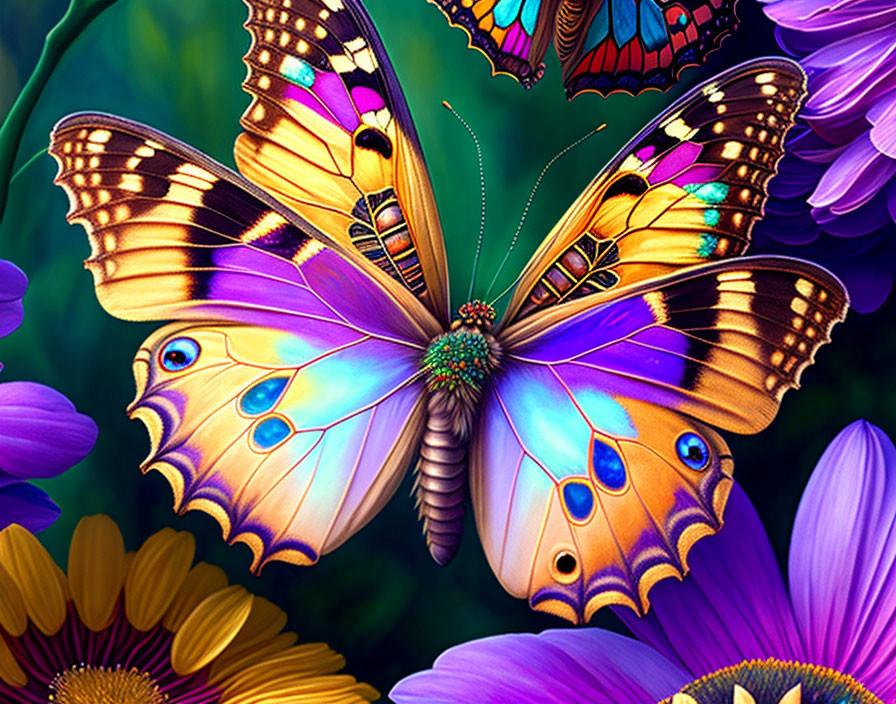 Colorful Butterfly Art with Blue and Gold Wings in Lush Garden