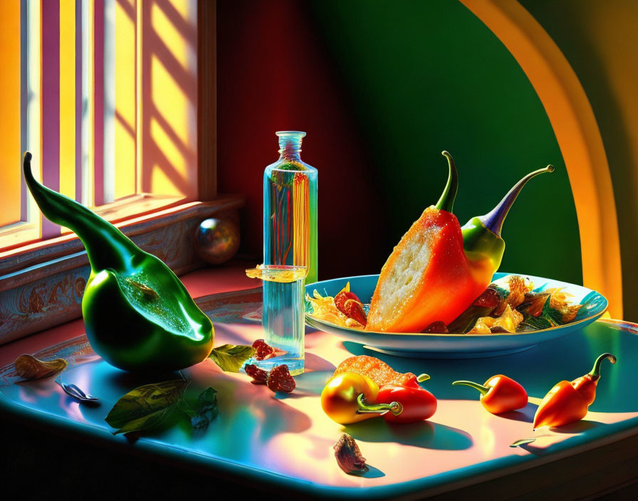 Vibrant still life with colorful peppers, glass bottle, and leaves on sunlit table