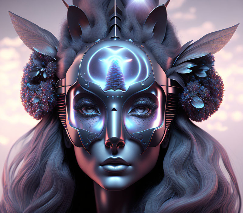 Futuristic female digital artwork with silver cybernetic face and glowing blue eyes.