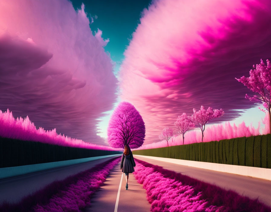 Surreal landscape with person walking on road, pink grass, purple sky