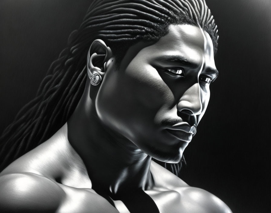 Monochrome artwork featuring pensive man with braided hair and earring in dramatic lighting.