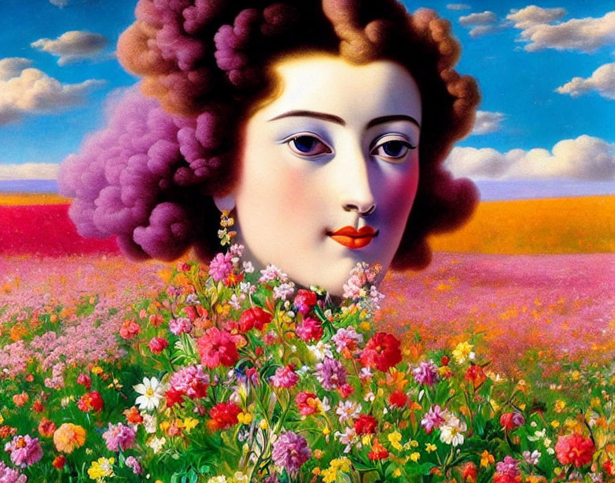 Woman's features blend into vibrant landscape of clouds, sky, and flowers