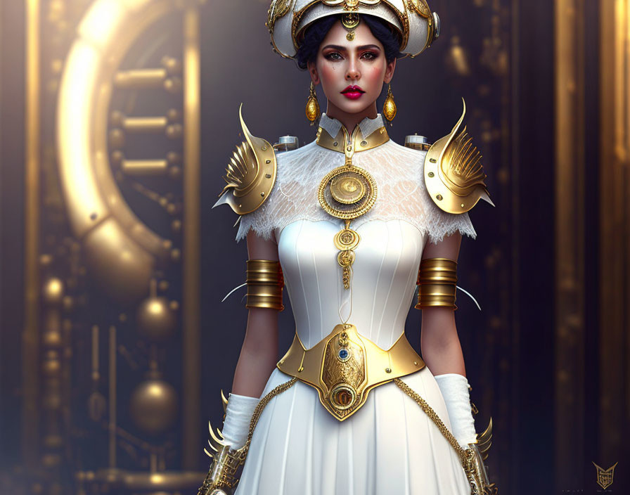 Regal woman in white and gold steampunk attire with intricate details and majestic headpiece.