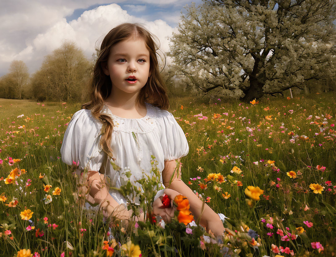 Young girl in white dress surrounded by colorful wildflowers and blooming tree under cloudy sky