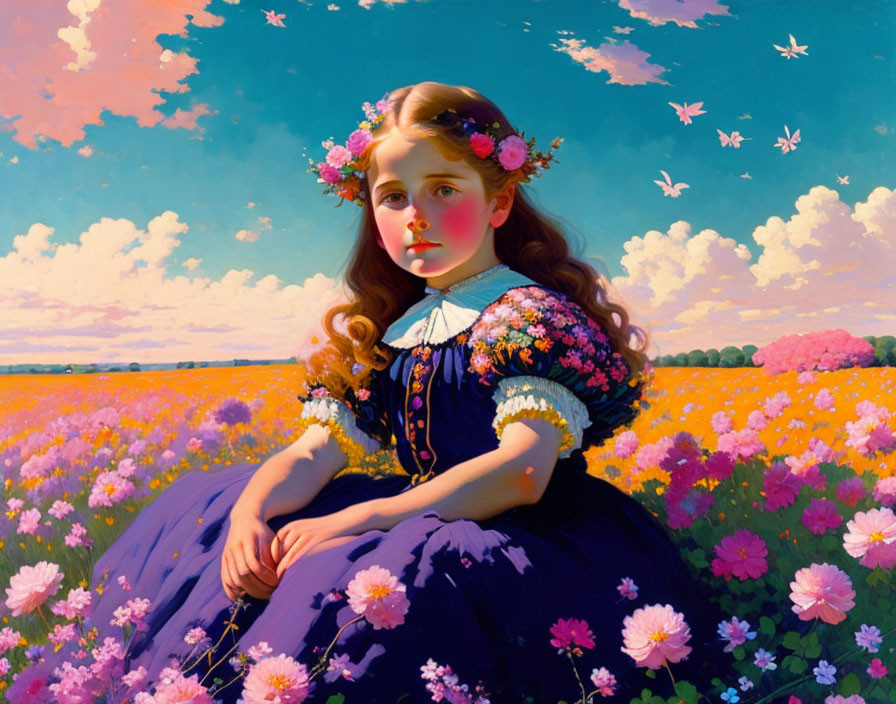 Girl with Floral Wreath in Vibrant Flower Field with Butterflies