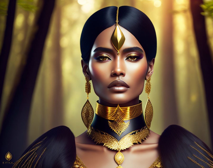 Digital portrait of woman with striking makeup and gold jewelry against golden backdrop.