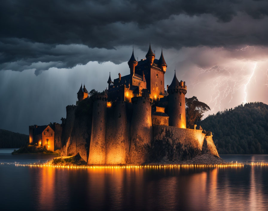 Illuminated castle on lakeshore under stormy sky