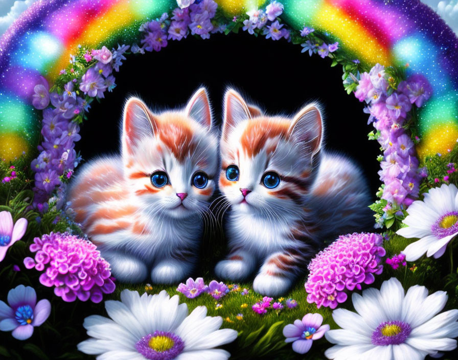 Adorable Kittens with Blue Eyes Among Colorful Flowers and Rainbow