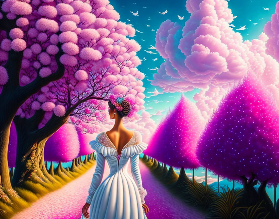 Woman in white dress in surreal pink and purple landscape